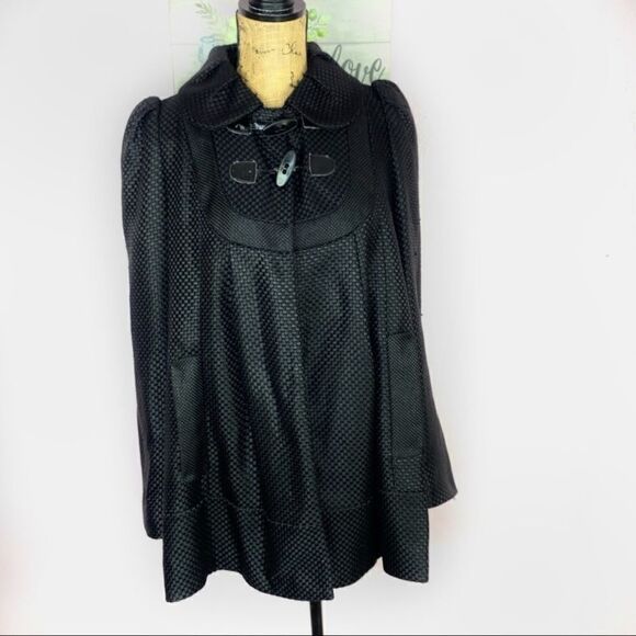 French Connection Woven Monochrome Checker Toggle Puff Sleeve Swing Coat Size 10 - Picture 2 of 12